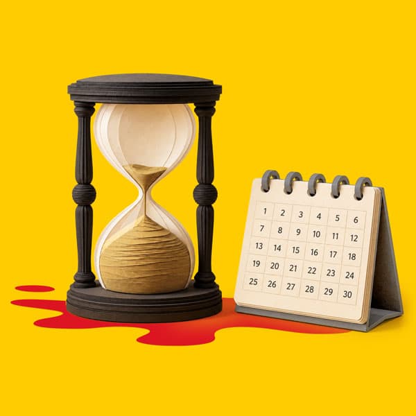 Hourglass with spilled sand next to a desk calendar, both set against a yellow background.