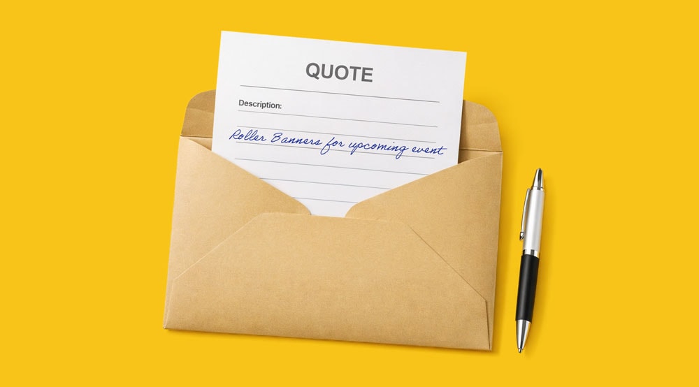 A quote form in an envelope, with a pen beside it, on a yellow background.