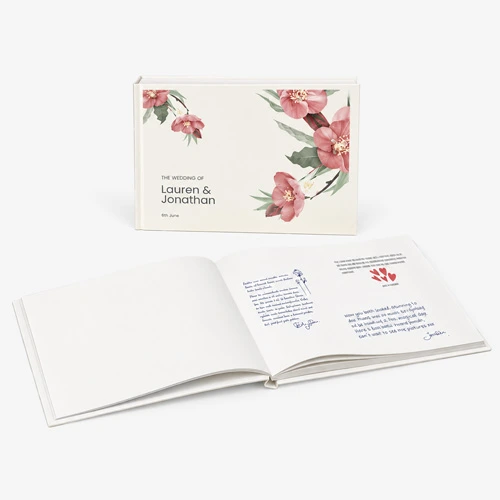 Two floral-themed books, one closed and one open, displayed on a light gray surface.