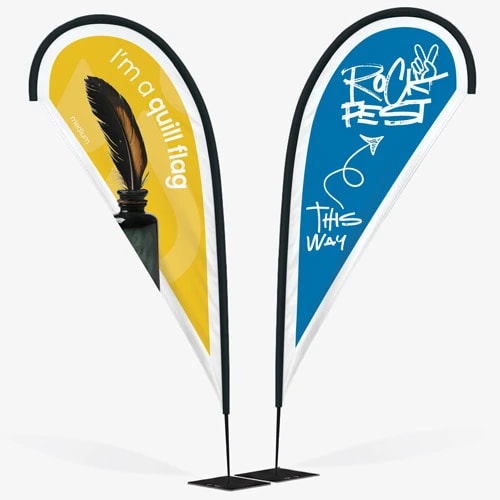 Two teardrop flags with different designs, one yellow with a quill, one blue with event text.