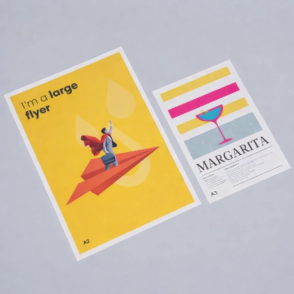 Two A3 posters on a gray surface; one yellow with a paper plane, one colorful with a cocktail.