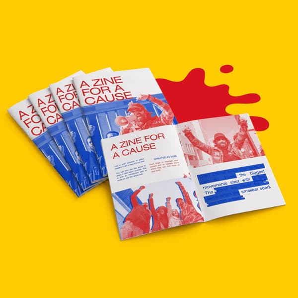 Four “A Zine For A Cause” booklets are displayed on a yellow background with a red paint splash.