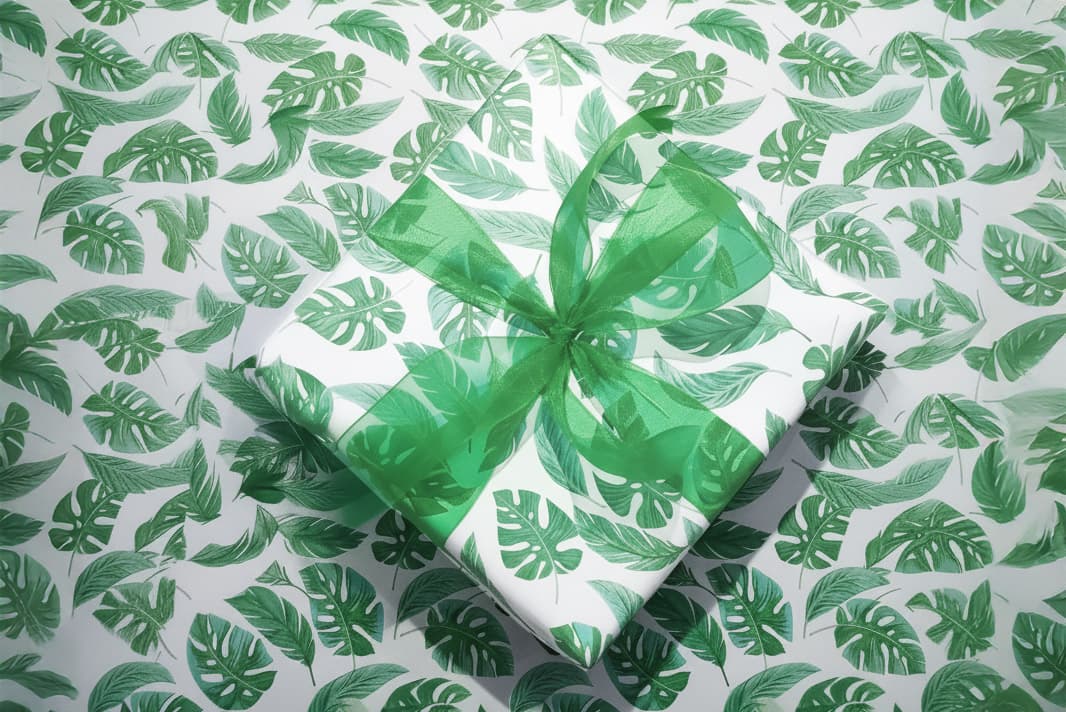 Gift box with green leaf pattern and green ribbon, placed on matching leaf-patterned paper.