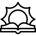 Outline of an open book with a sun rising or setting behind it.