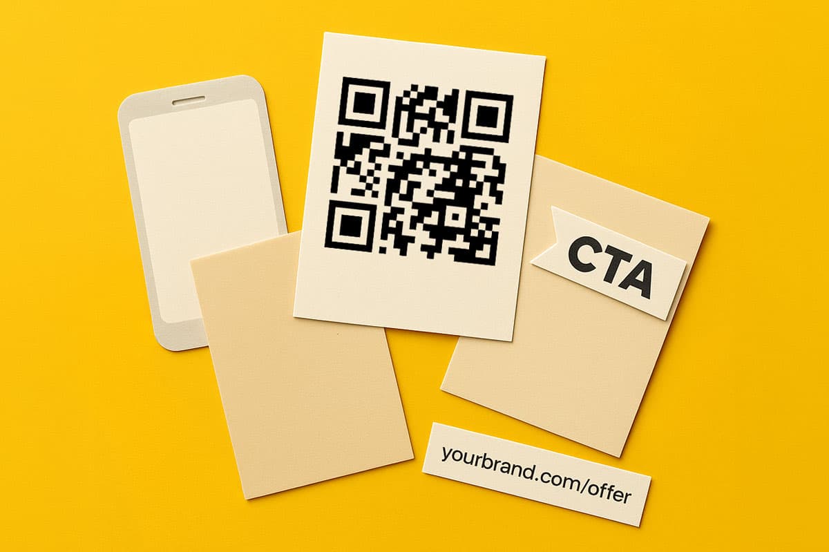 Flat lay of blank cards, a QR code, "CTA" sign, and a website link on a yellow background.