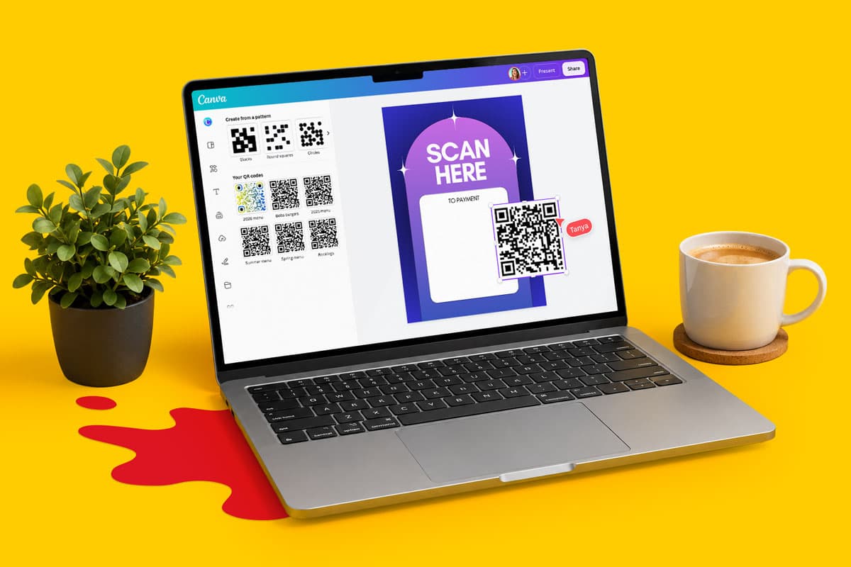 Flat lay of blank cards, a QR code, "CTA" sign, and a website link on a yellow background.