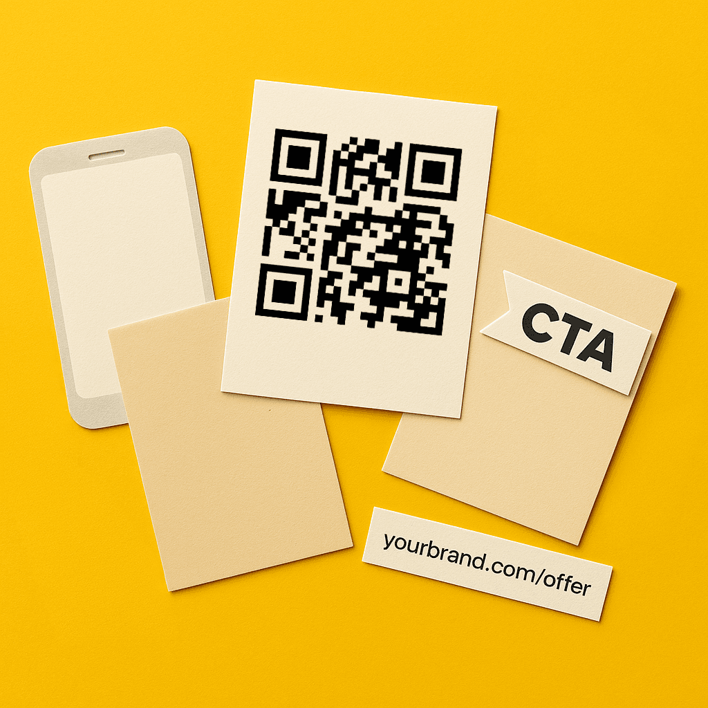 Flat lay of blank cards, a QR code, "CTA" sign, and a website link on a yellow background.