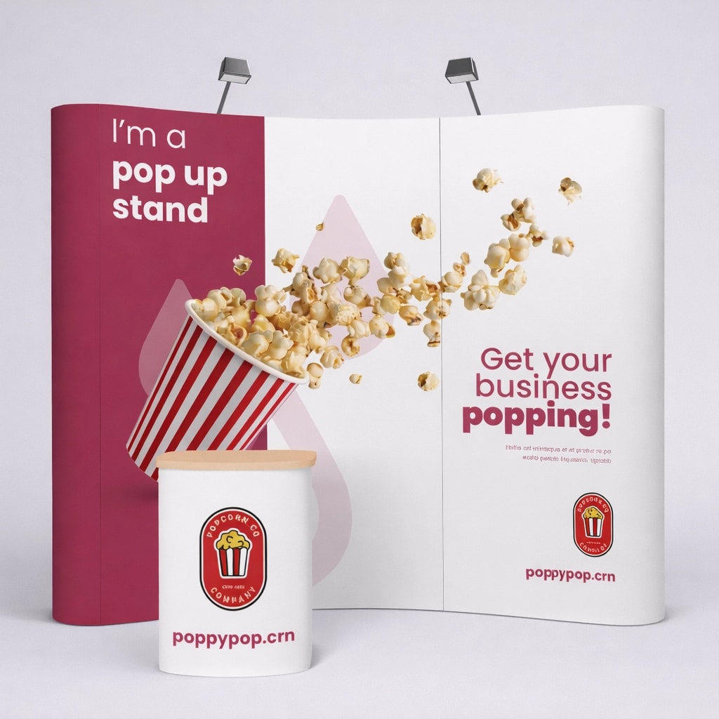 Red and white pop up stand with popcorn tub with popcorn spilling out at a business pop-up stand display.