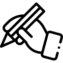 Black and white icon of a hand holding a pencil, positioned as if writing.
