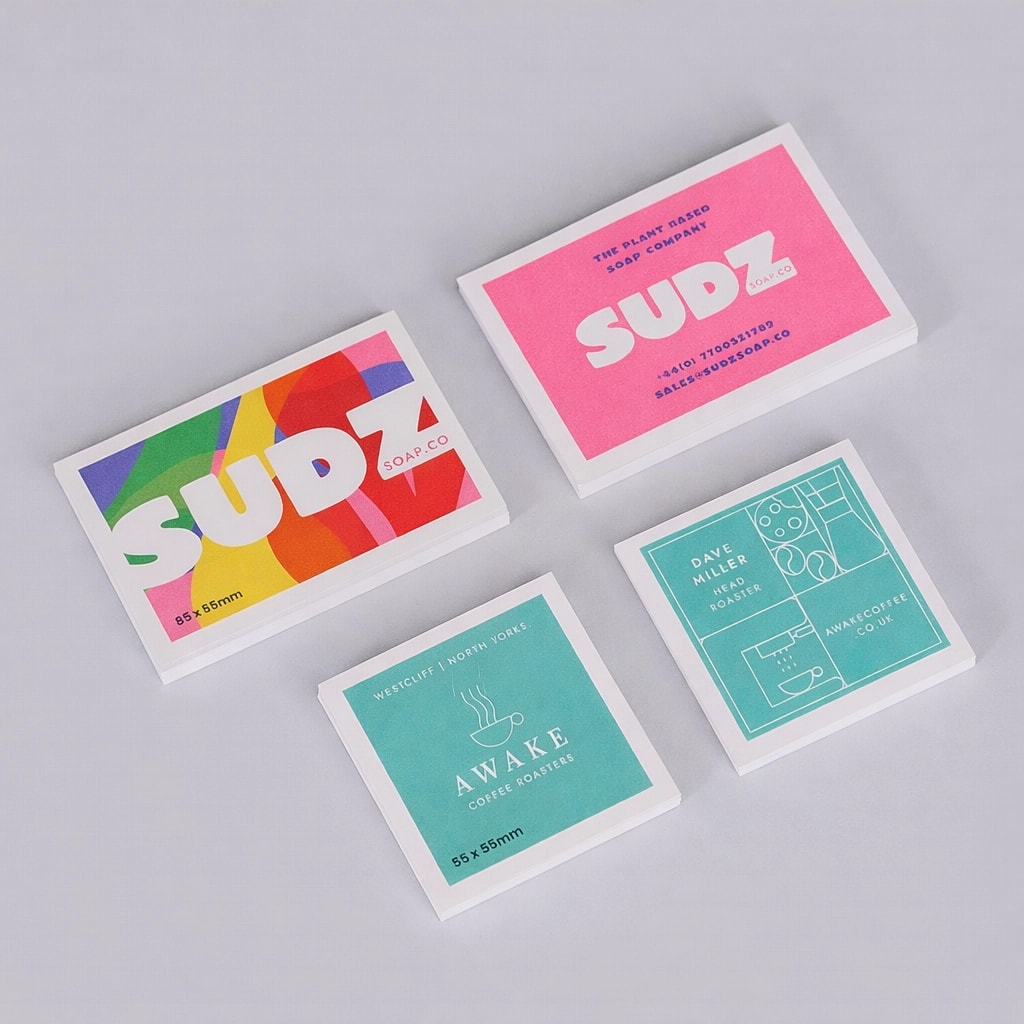 Four colorful rectangular recycled business cards with bold, modern designs on a light gray background.