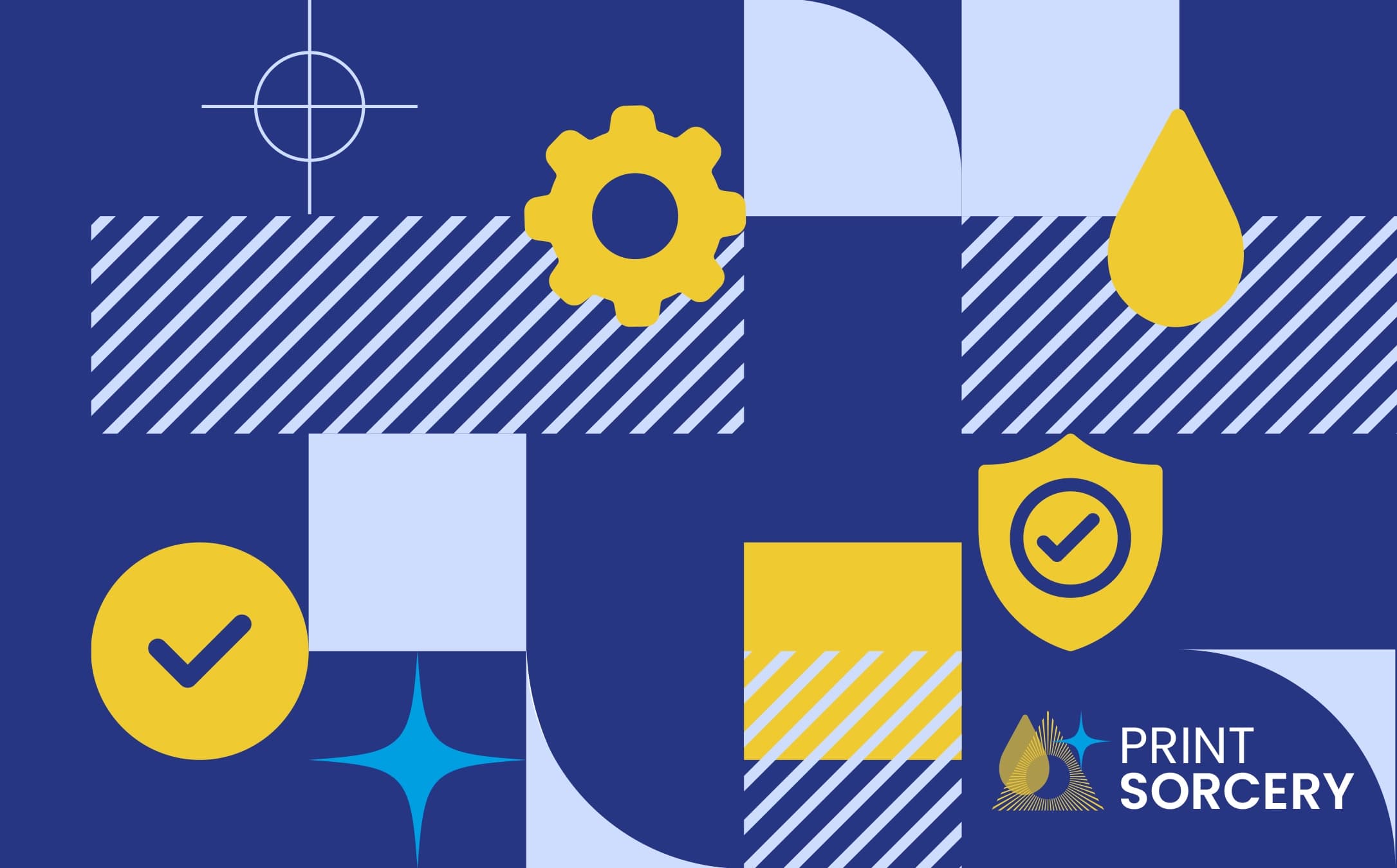 Abstract geometric shapes and icons in blue and yellow, with the text "PRINT SORCERY" in the corner.