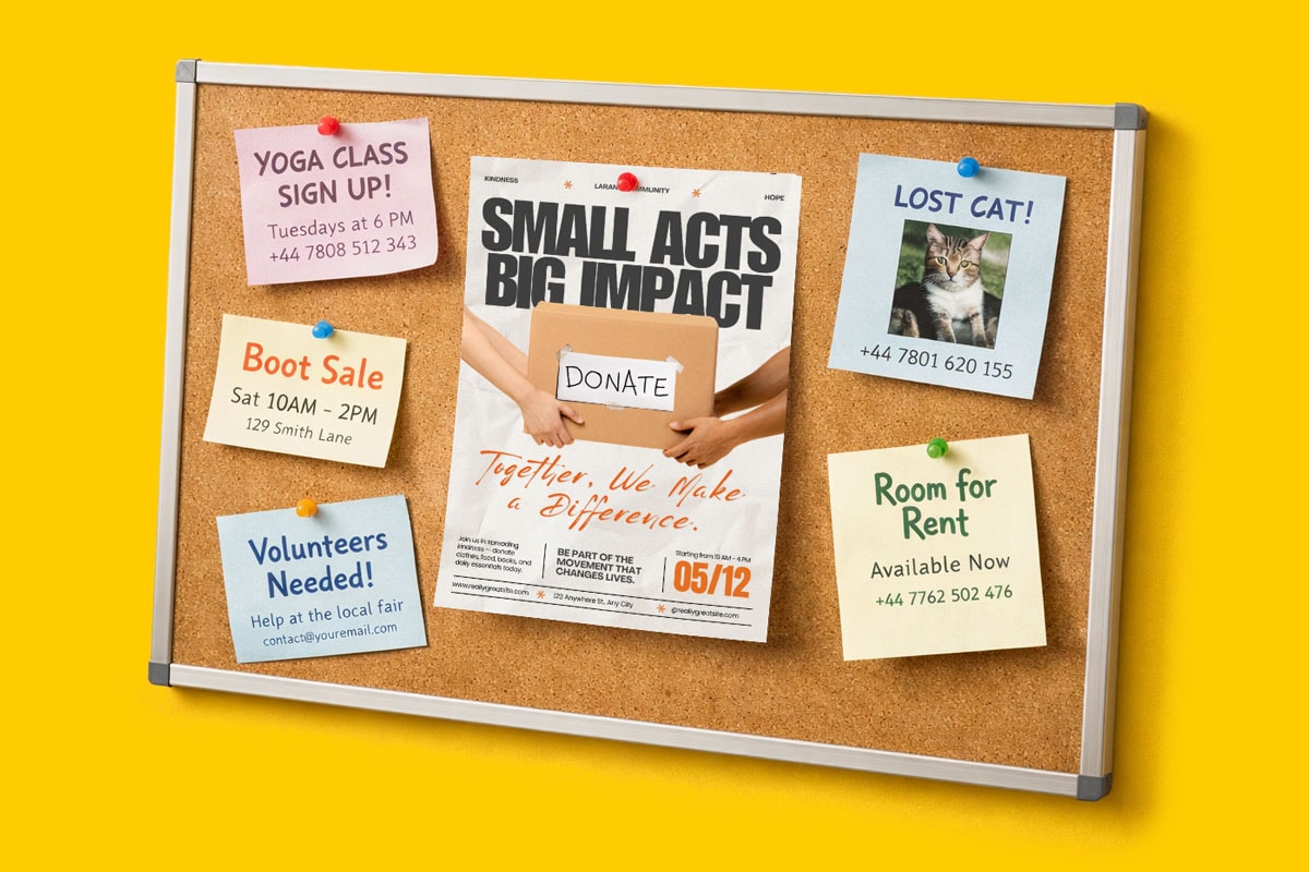 Corkboard with flyers for a fundraising event, lost cat, room for rent, volunteer work, and yoga class.