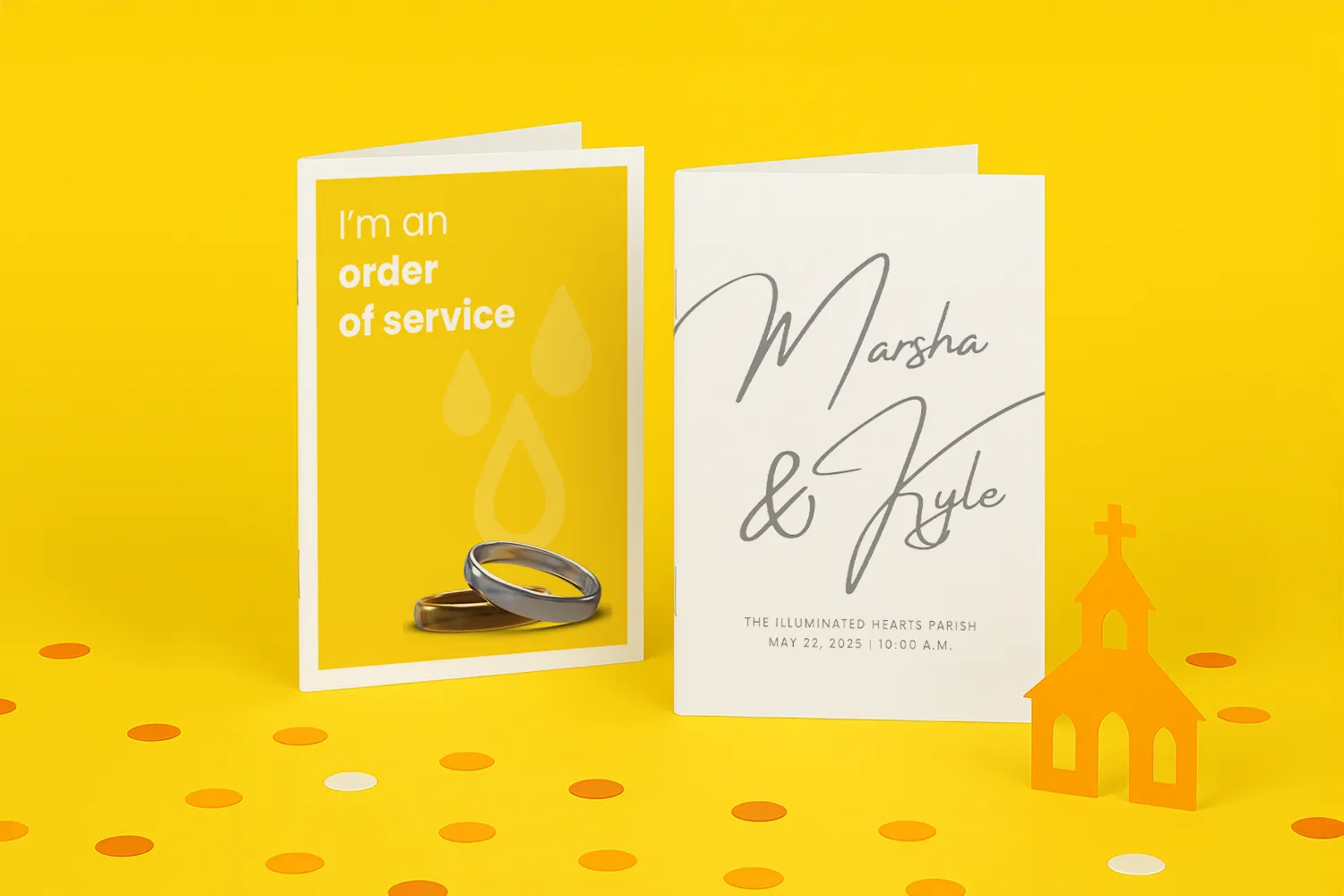 Two wedding order of service cards on a yellow background with confetti and a church cutout.