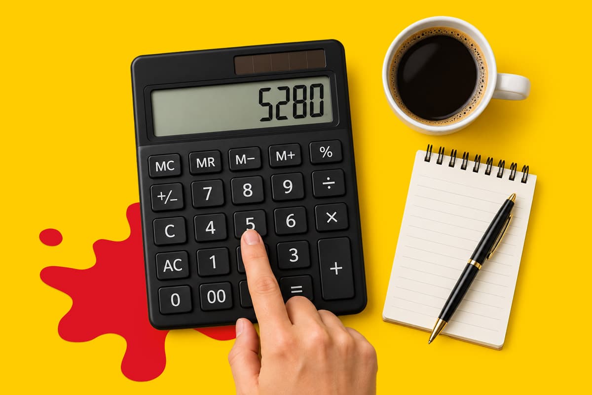 A hand presses the number 5 on a calculator next to a notepad, pen, and a cup of coffee.