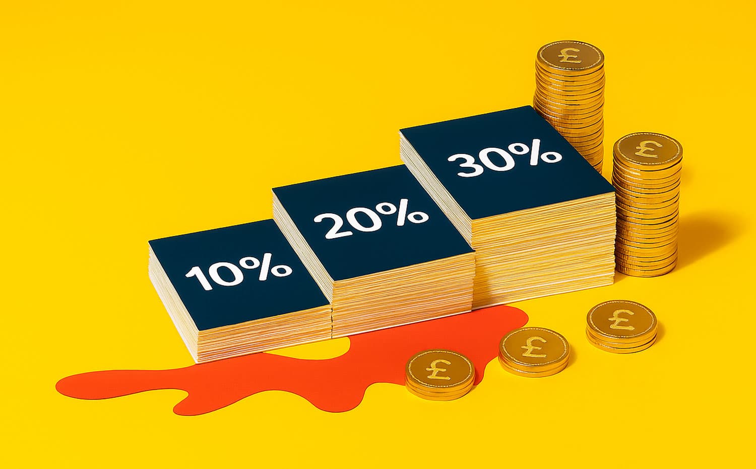 Stacked cards labeled 10%, 20%, 30% beside piles of pound coins on a yellow background.