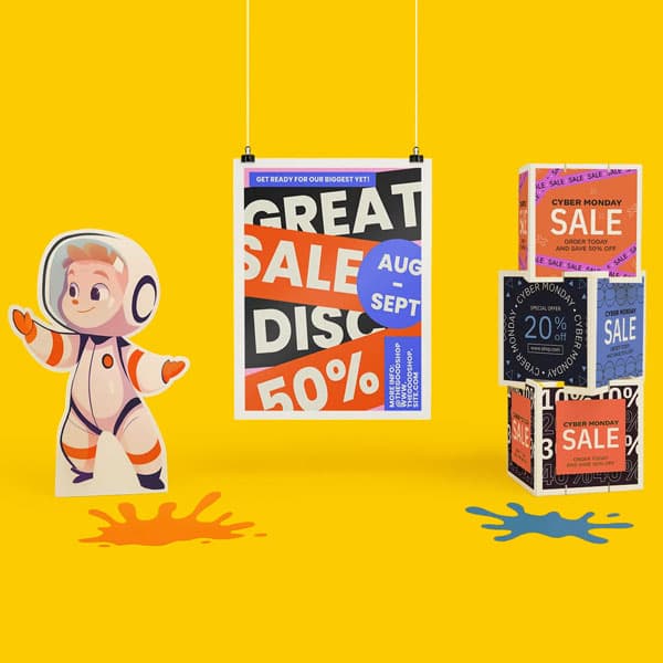 Poster with “Great Sale 50%” text, cartoon astronaut, and sale boxes on a bright yellow background.