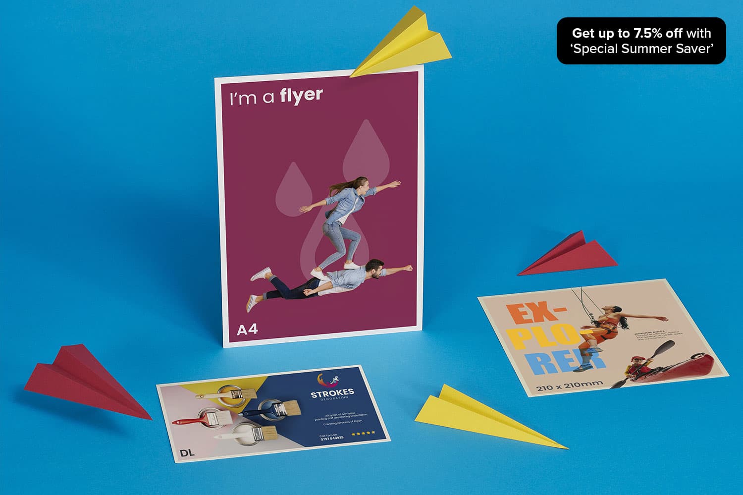 Posters and flyers displayed with red and yellow paper planes on a blue background advertising up to 7.5% off as part of a Summer Savers campaign..