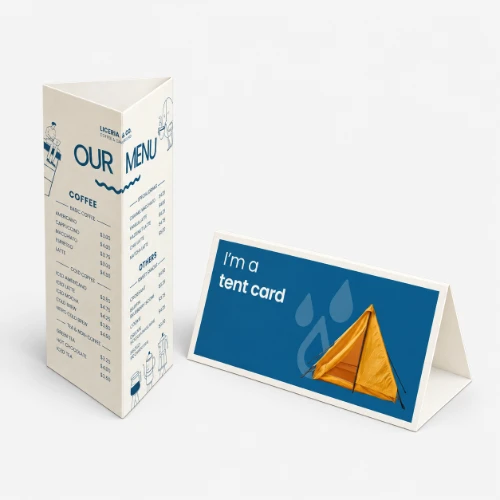 A vertical coffee menu tent card next to a horizontal tent card with a yellow tent illustration.