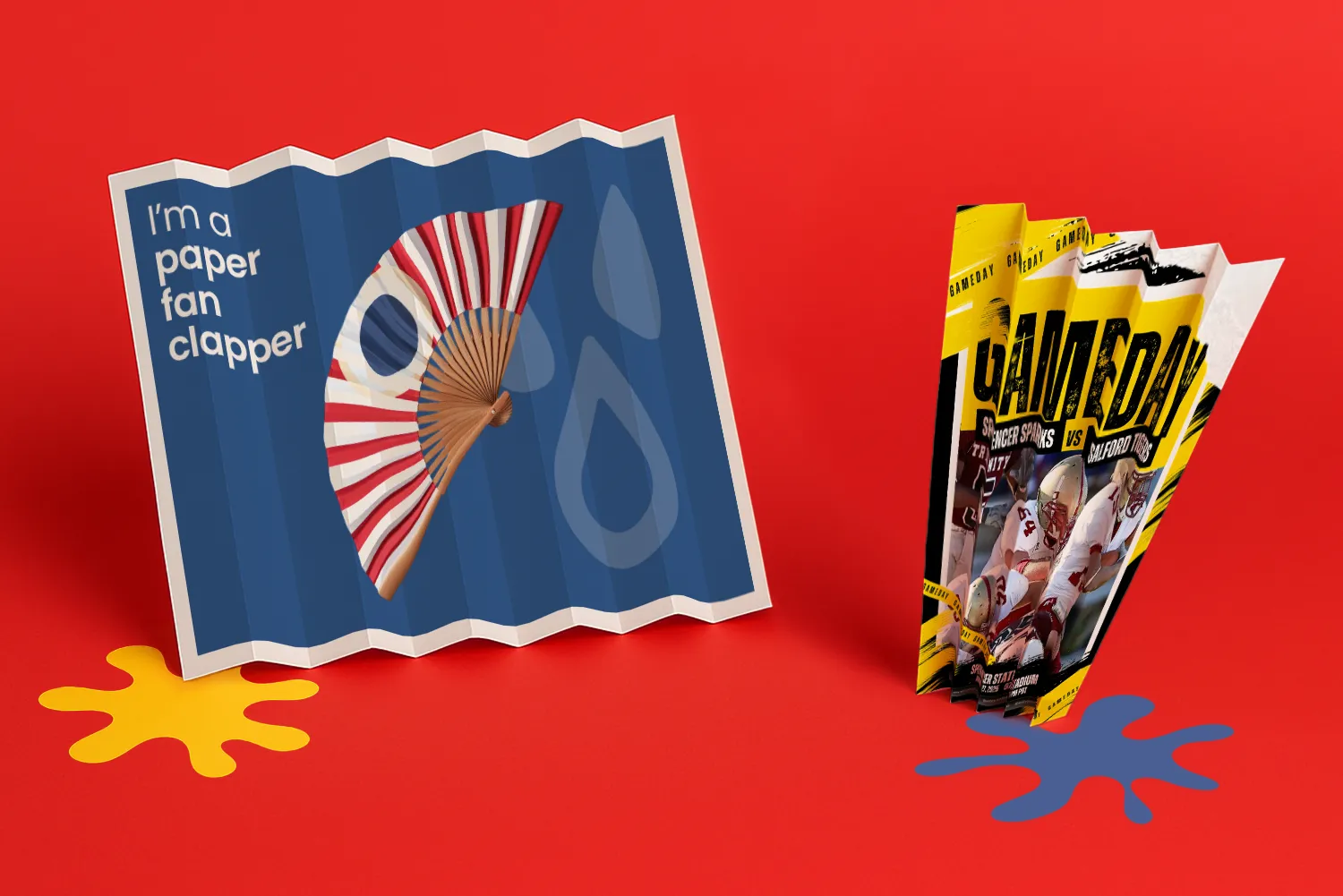 A paper fan clapper and a paper megaphone displayed on a red background with yellow and blue shapes.