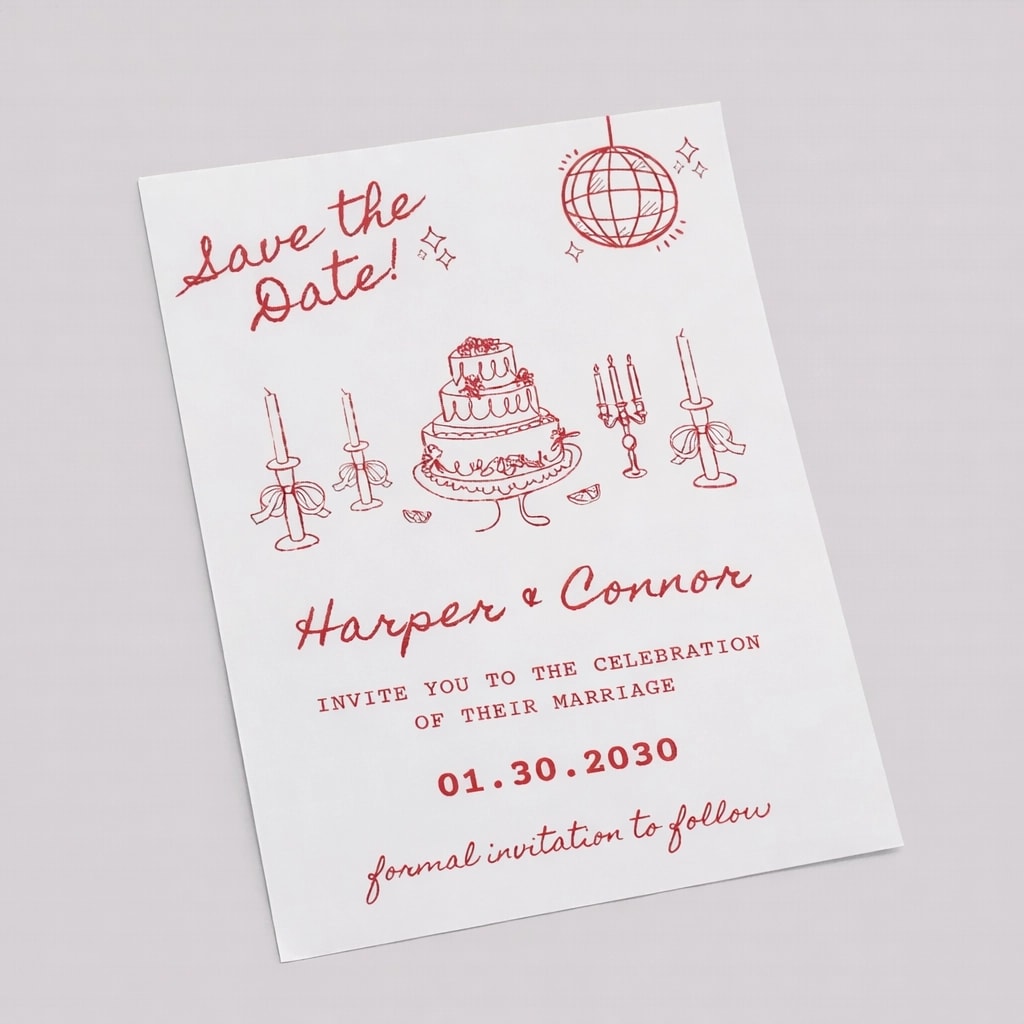 Save-the-date card for Harper and Connor with cake and decor illustrations.