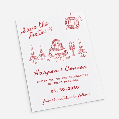 Save-the-date card for Harper and Connor with cake and decor illustrations.