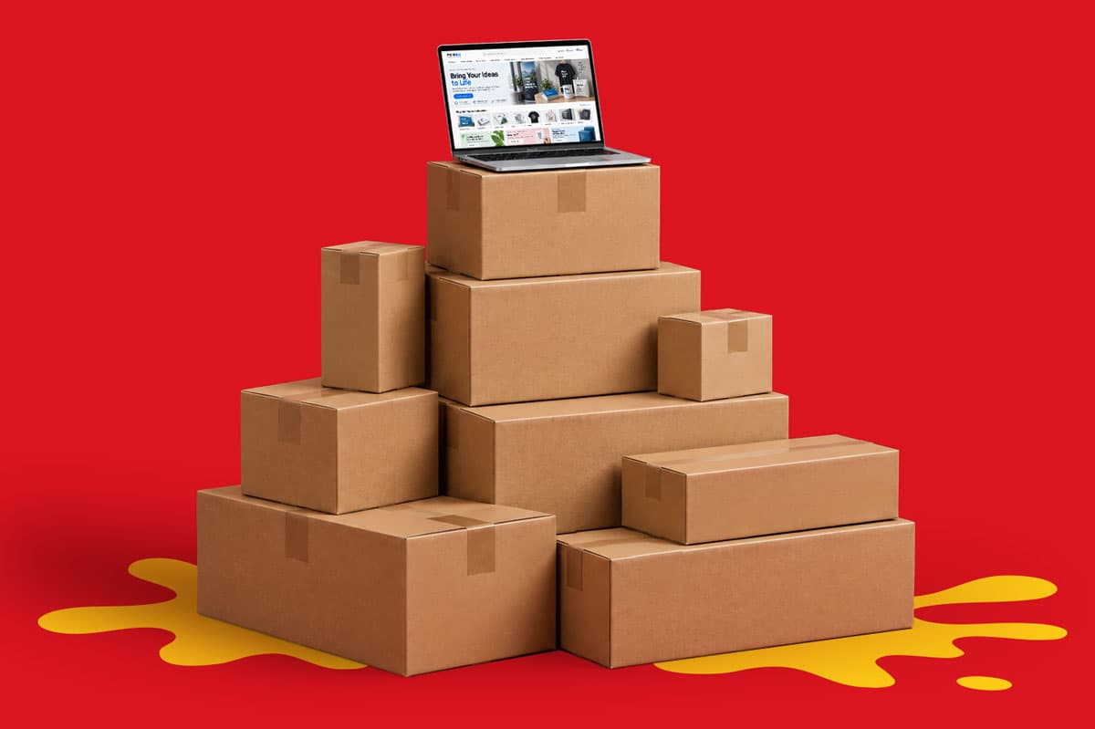A laptop sits on stacked cardboard boxes against a red background with a yellow paint splash.