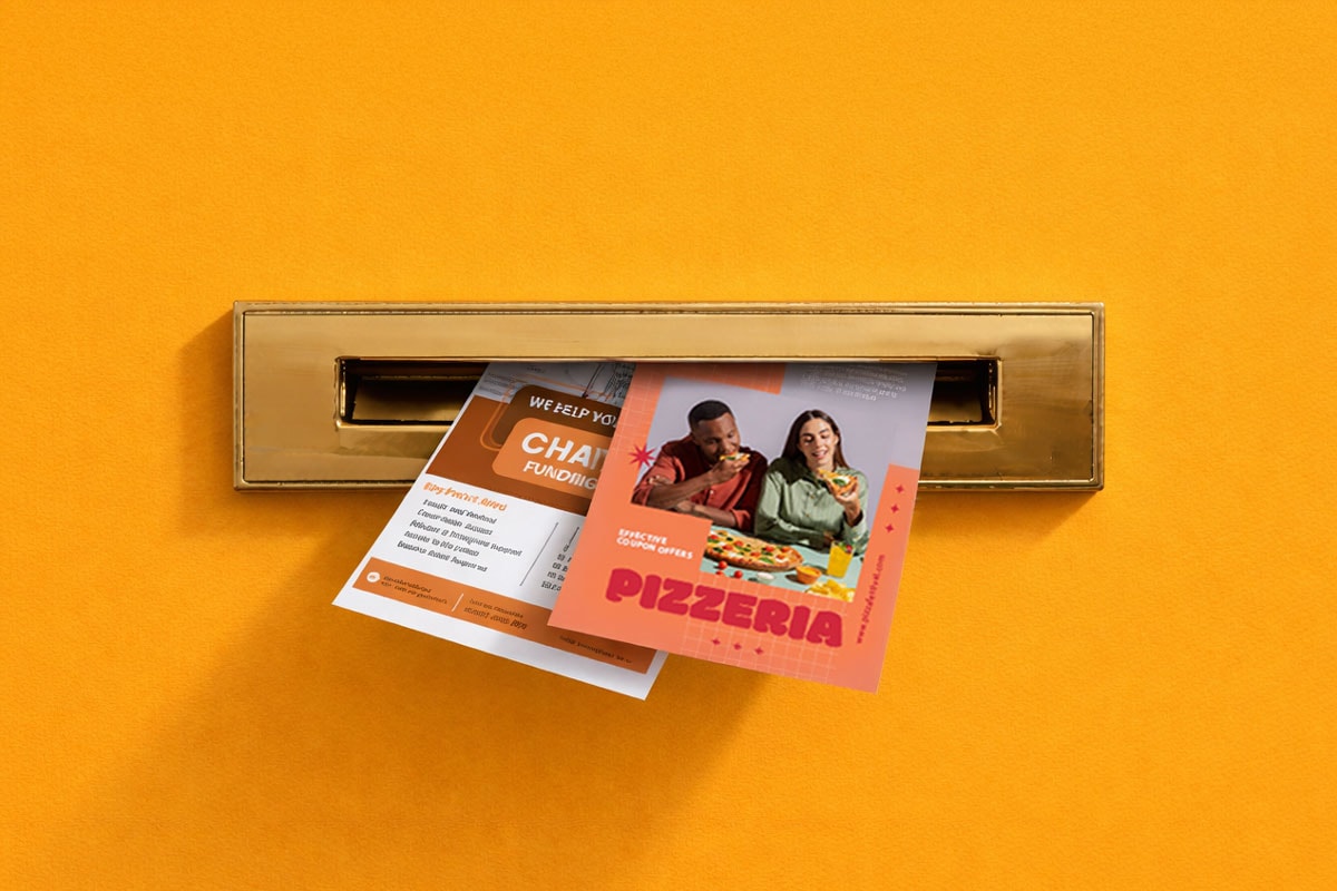 Two flyers partially inserted in a brass mail slot on an orange door.