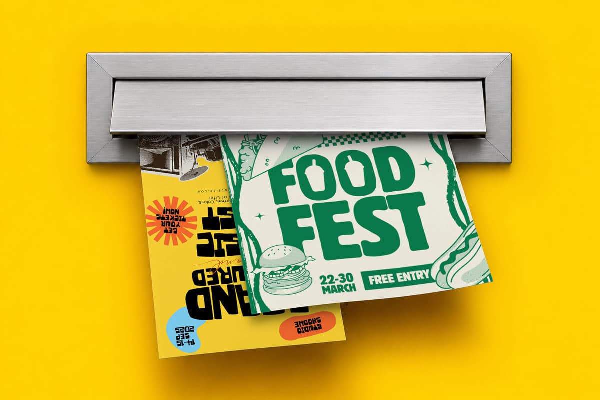 Two flyers partially sticking out of a mail slot against a bright yellow background.