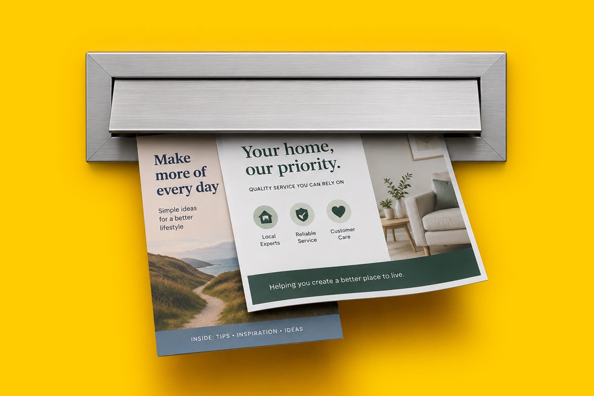 Two flyers partially sticking out of a mail slot against a bright yellow background.