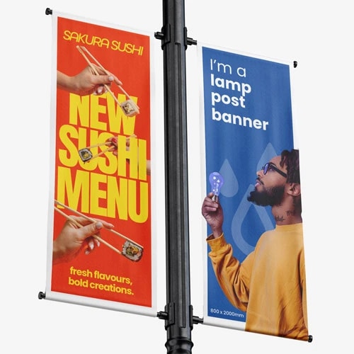 Two fitness banners show a woman running and a man lifting a dumbbell; gym promotion details shown.