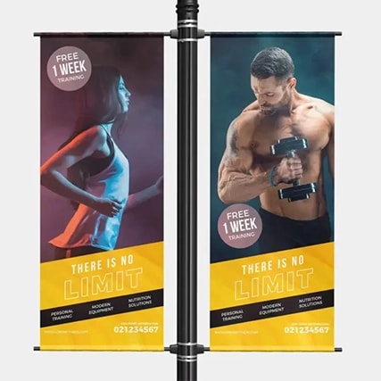Two fitness banners show a woman running and a man lifting a dumbbell; gym promotion details shown.