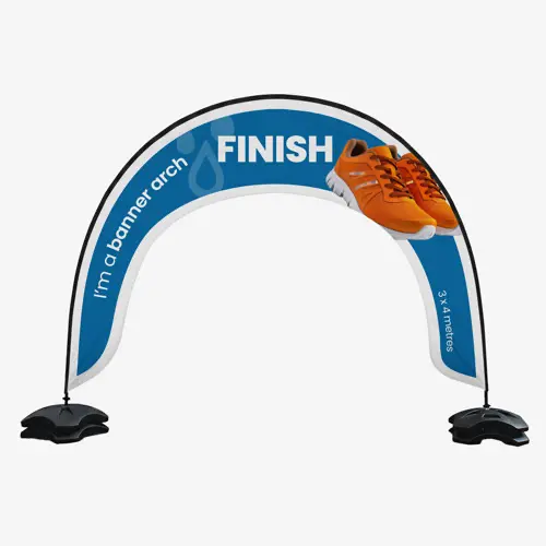 Blue and white finish line arch with orange running shoes printed on the upper right side.