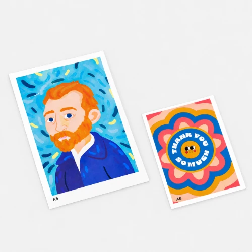 Two colourful postcards: one with a bearded man’s portrait, one with "Thank You So Much" text.