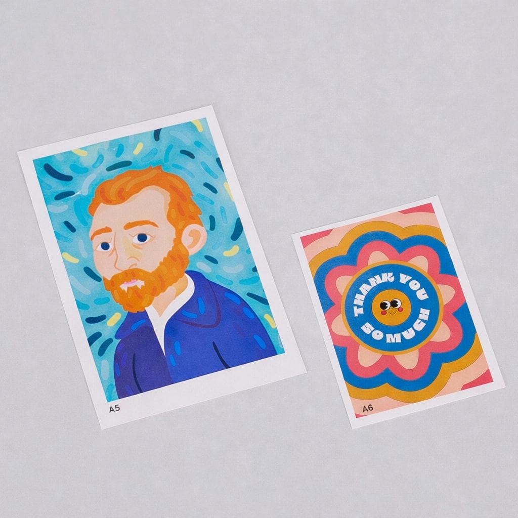 Two colorful postcards: one with a bearded man’s portrait, one with "Thank You So Much" text.