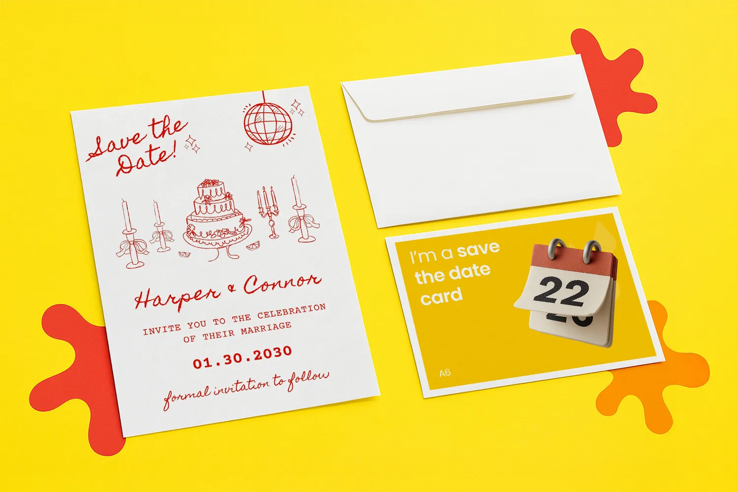 Wedding save the date card, envelope, and event reminder card on a yellow background.