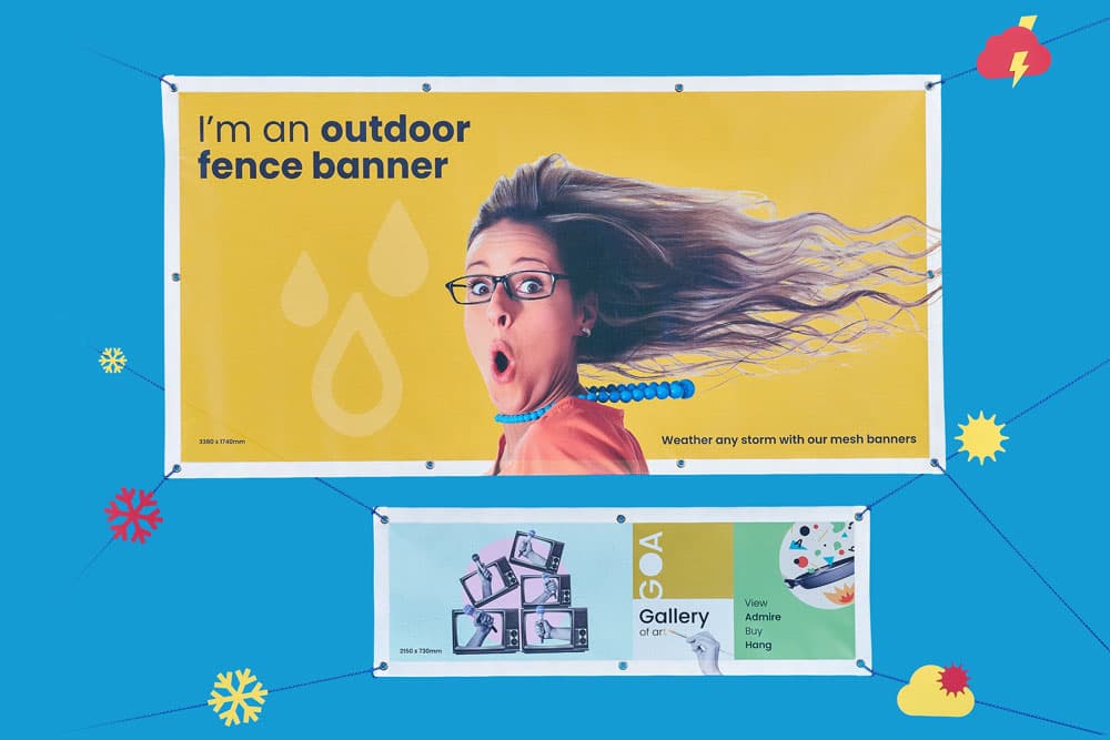 Two banners displayed against a blue background with decorative graphics and lines.