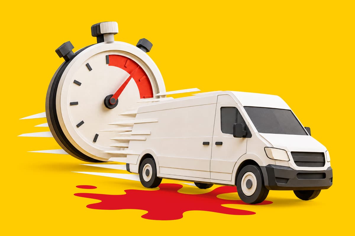 A white delivery van in front of a giant stopwatch on a yellow background.