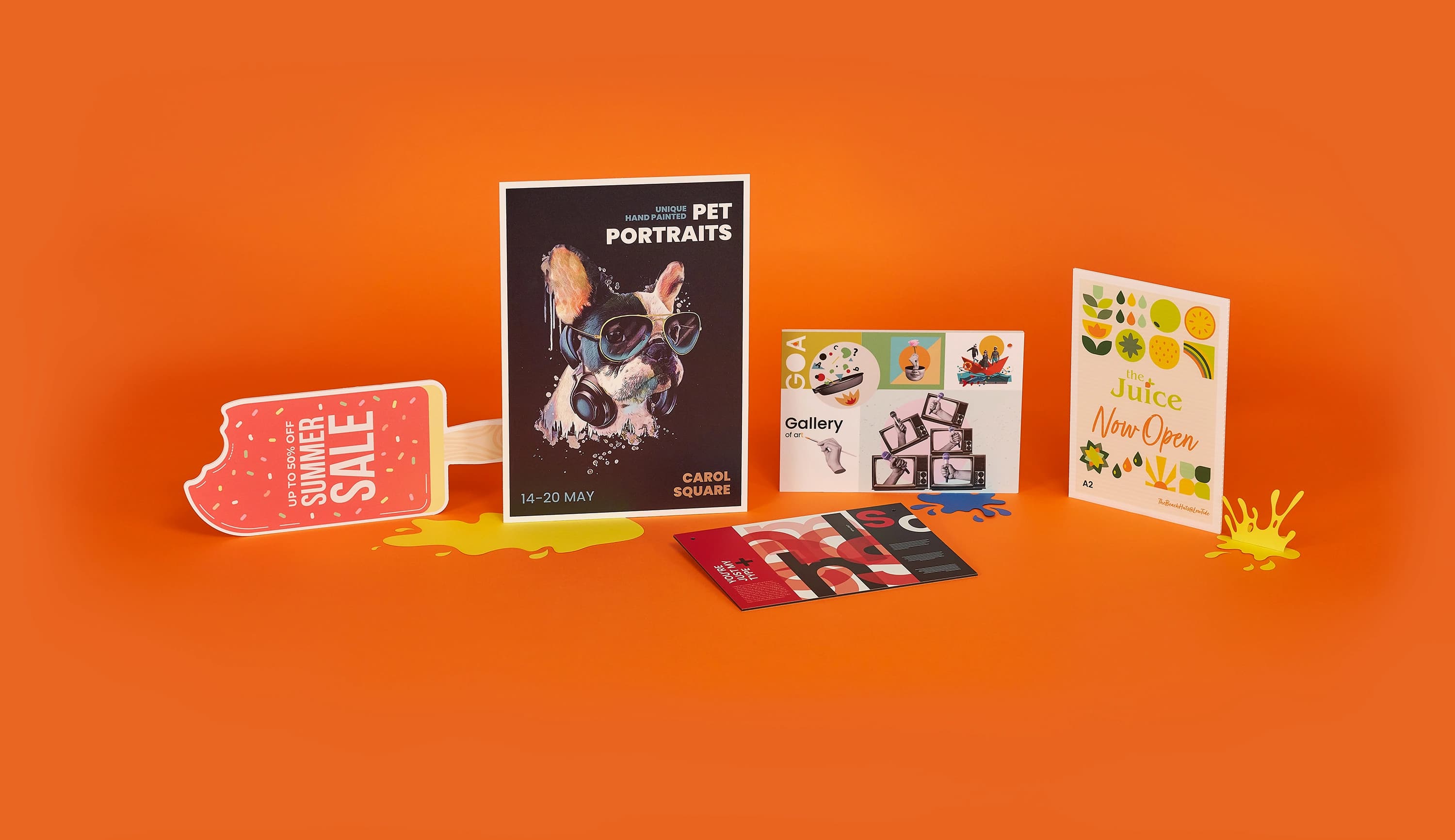 Assorted colorful promotional signage on an orange background.