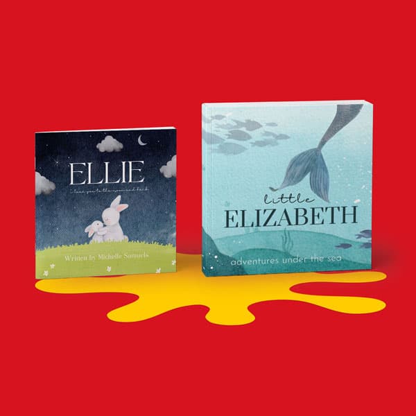 Two illustrated children’s books, “Ellie” and “Little Elizabeth,” on a red and yellow background.