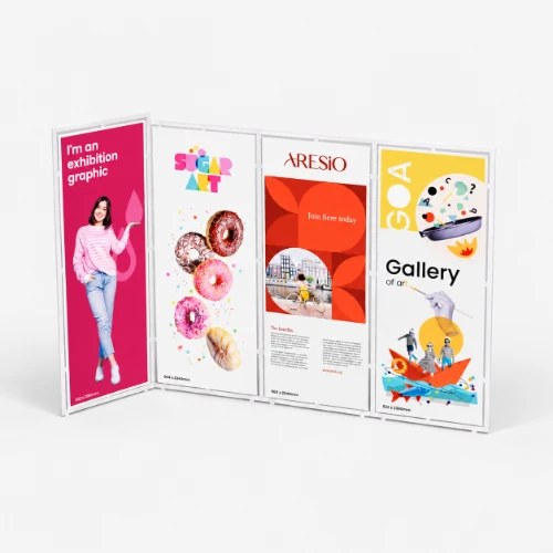 Four colourful exhibition display panels featuring various graphic designs and promotional content.