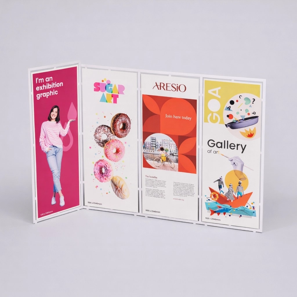 Four colorful exhibition display panels featuring various graphic designs and promotional content.