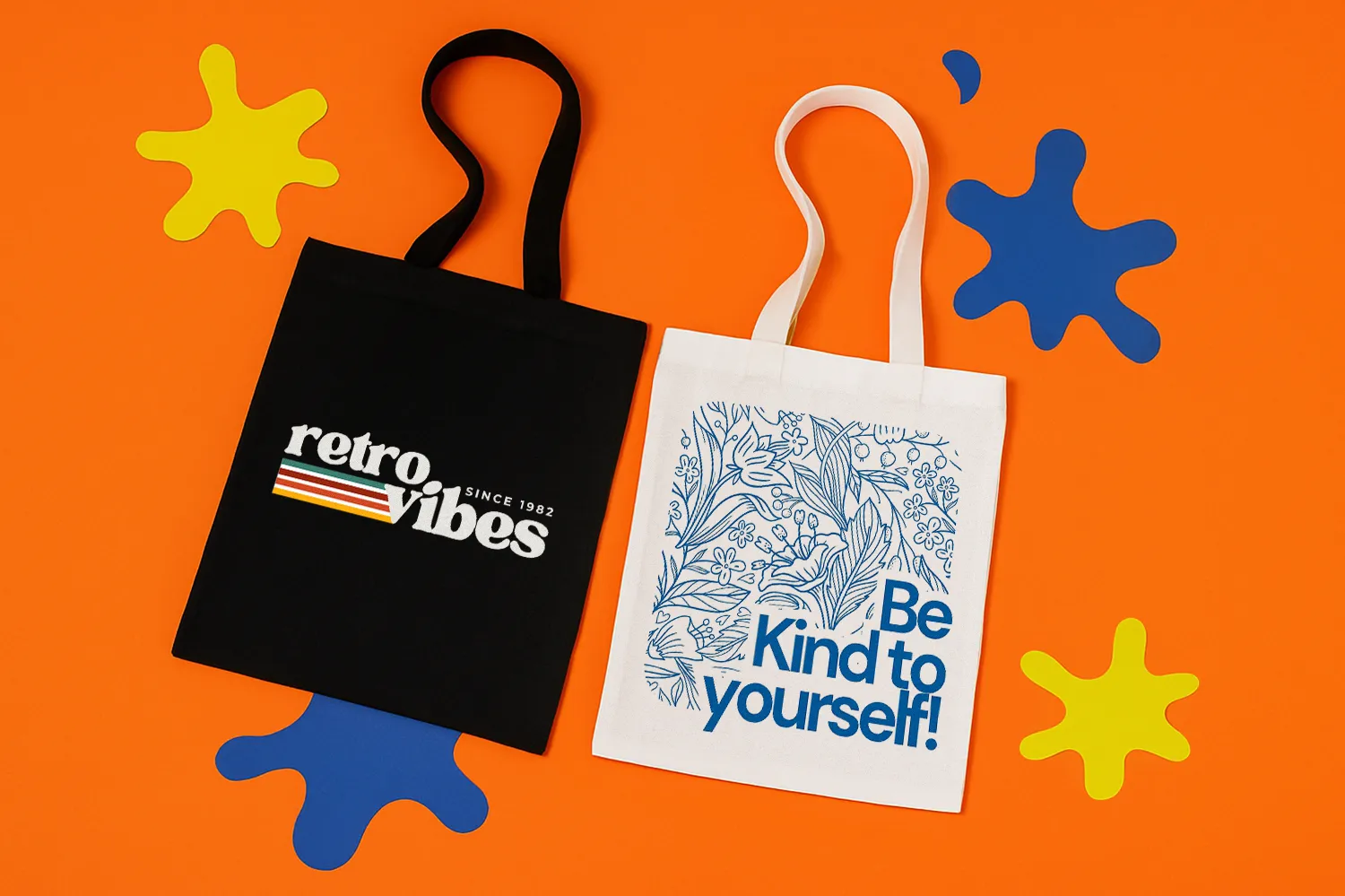 Two tote bags on an orange background, one black with "retro vibes" and one white with blue text.