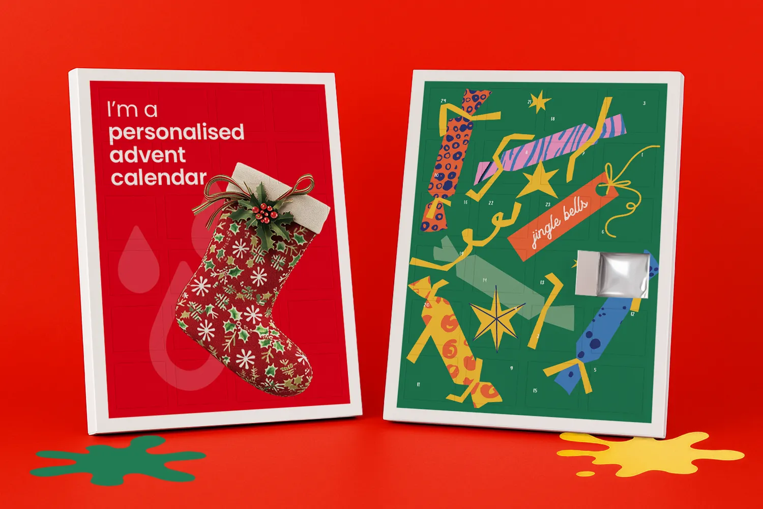 Two colourful advent calendars, one with a stocking and another with festive cracker designs.