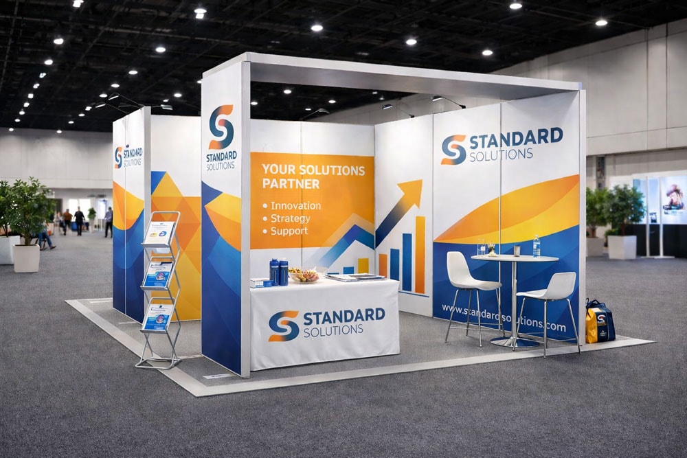 Trade show booth for Standard Solutions with banners, table, chairs, and promotional materials.