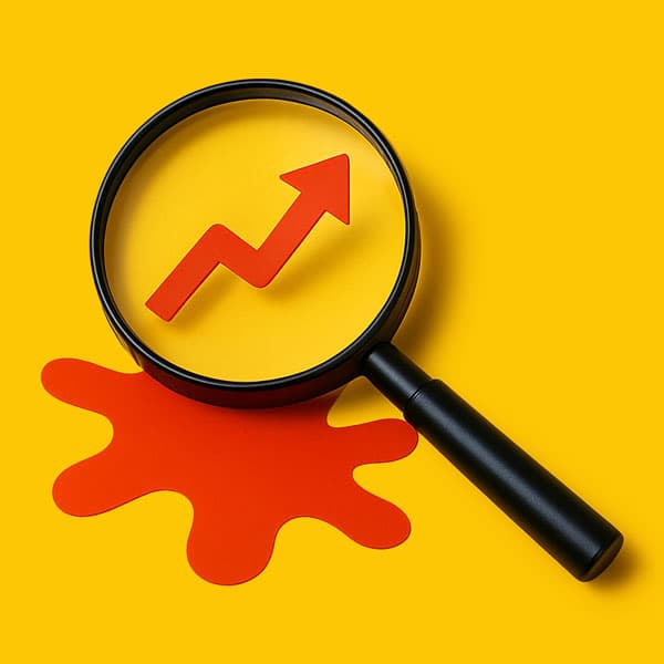 A magnifying glass over a red upward arrow on a yellow background with a red splash shape.