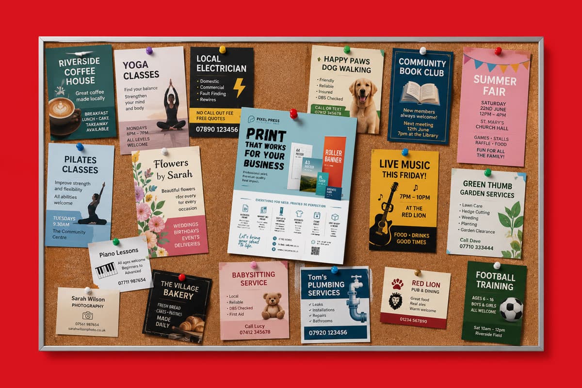 A corkboard with various colourful flyers for local services, classes, and events.