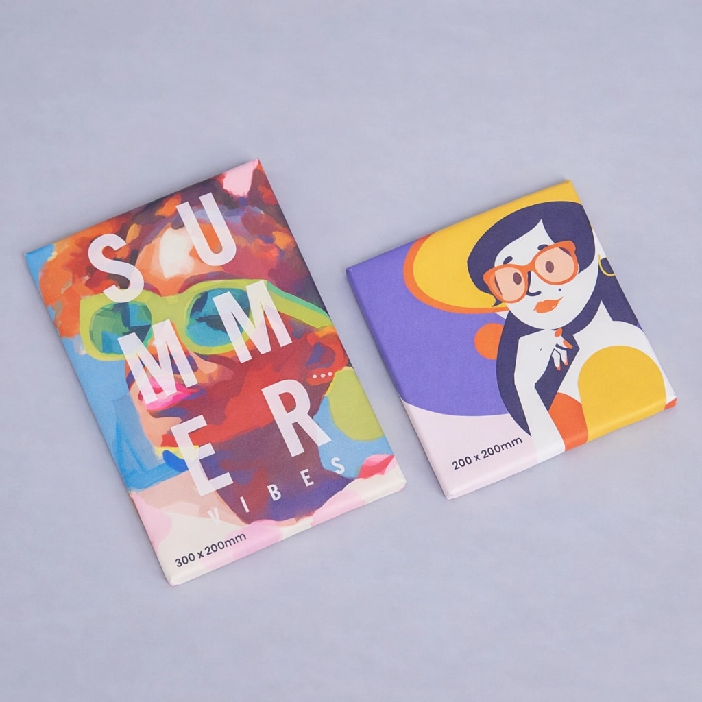 Two colorful, canvas prints with abstract summer-themed cover designs on a grey surface.