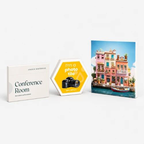 Three printed wall tiles: a rectangular office sign, a hexagonal photo tile, and a square print.