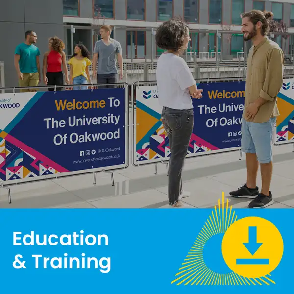 Students stand and talk outside The University of Oakwood welcome sign on campus.