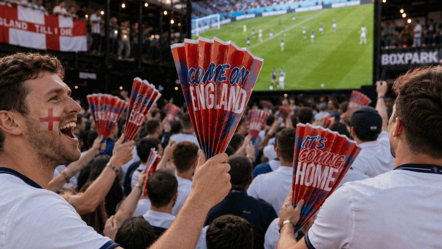 Crowd of England fans watching a football match on a big screen, holding red and blue fan clappers in celebration of the World Cup 2026 hosted by the US, Canada and Mexico.